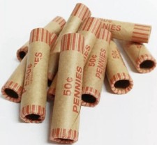 50 Penny Cent Coin Shotgun Paper Wrappers-Rolls-Tubes-Red  Brown-Crimped End