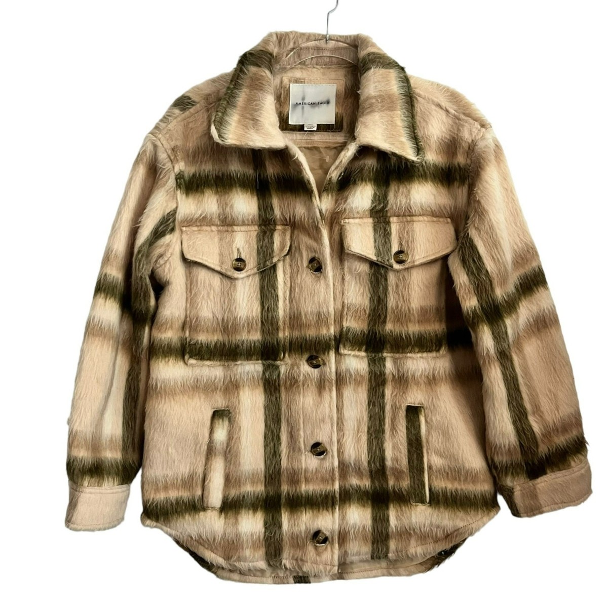 NEW AMERICAN EAGLE WOMENS JACKET SMALL TAN GREEN PLAID NEW AMERICAN EAGLE WOMENS JACKET SMALL TAN GREEN PLAID
