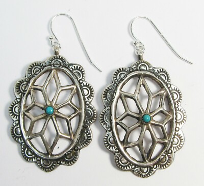sterling silver  sandcast concho earrings with turquoise, 2 1/2'' long, 12.5 gms