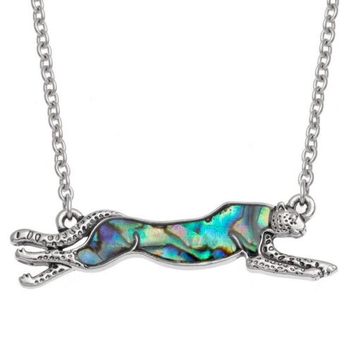 Cheetah Cat Necklace Paua Abalone Shell Pendant Silver Fashion Jewellery Boxed - Afbeelding 1 van 2