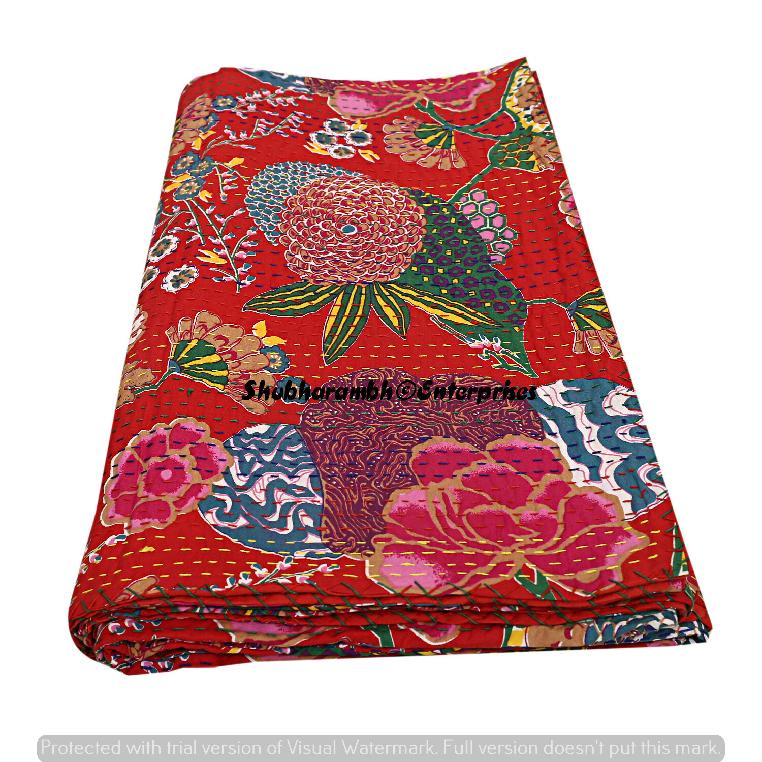 Bohemian Red Floral Queen Kantha Throw Blanket Hippie Coverlets Cotton Bedspread
