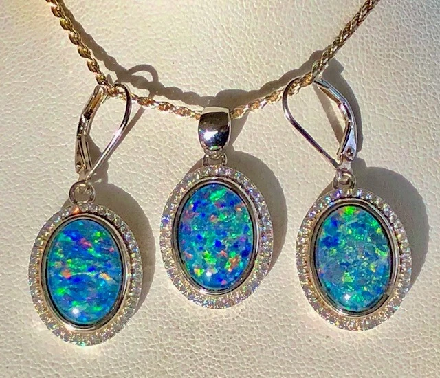 Large Stately Opal doublet Black blue red Earrings & Pendant Set VIDEO - Изображение 2 из 4