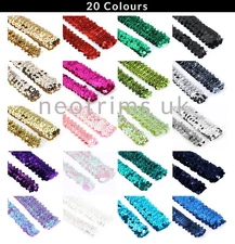 Elasticated Stretch Sequin Trimming 2cm/3cms Wide 20 Colors Dressmaking Crafts