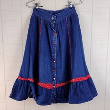 Vintage Stage West Chambray Denim Skirt S Calico Ruffle Button Western Prairie