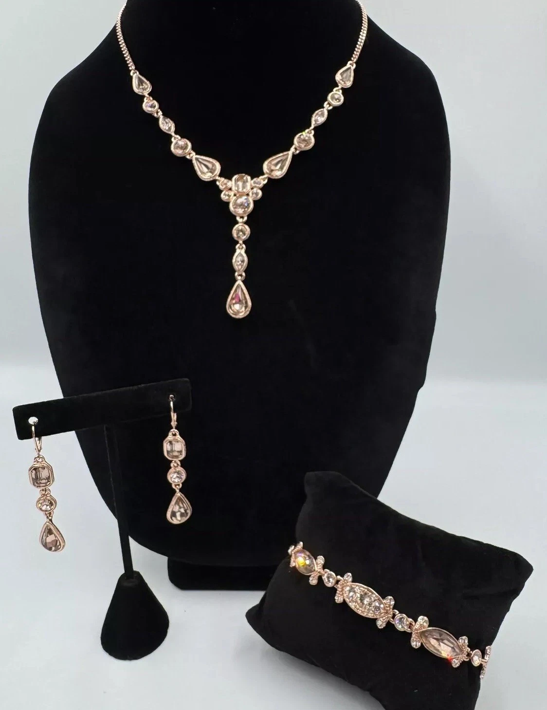 Givenchy Tono Oro Rosa Parure Cristallo Goccia Y Collana Bracciale Orecchini Pendenti