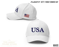 White USA Hat Trump 45 47 Flex Fit Baseball Cap Structured Embroidered July 4th
