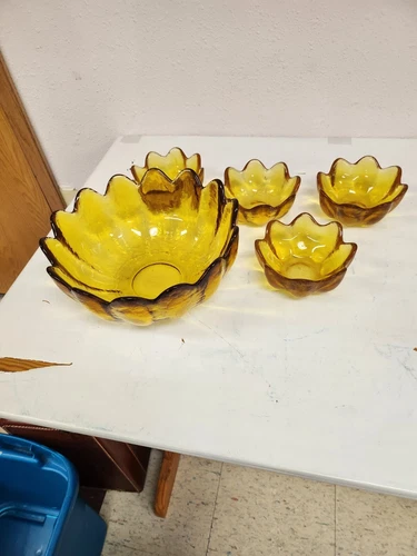 Vintage Blenko 5 Piece Gold Honey Lotus Glass Salad Bowl Set