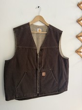Vintage Carhartt Sherpa Lined Duck Canvas Work Vest Brown Full Zip Sz L  READ