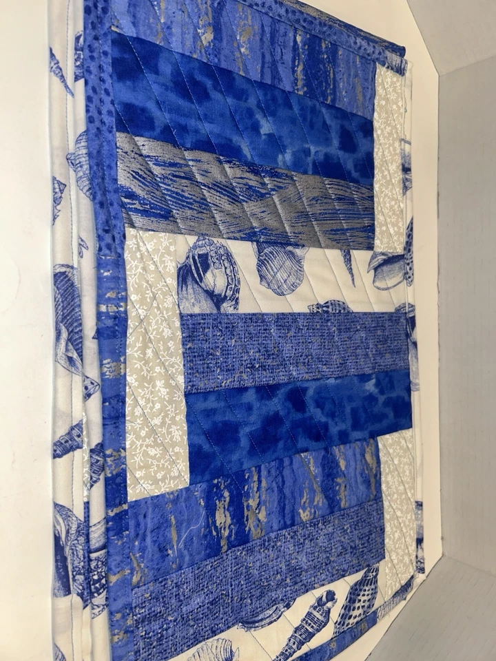 Beach Theme Placemats 4 White Blue SilverQuilted NEW Handmade Patchwork Shells - Image 3 of 4