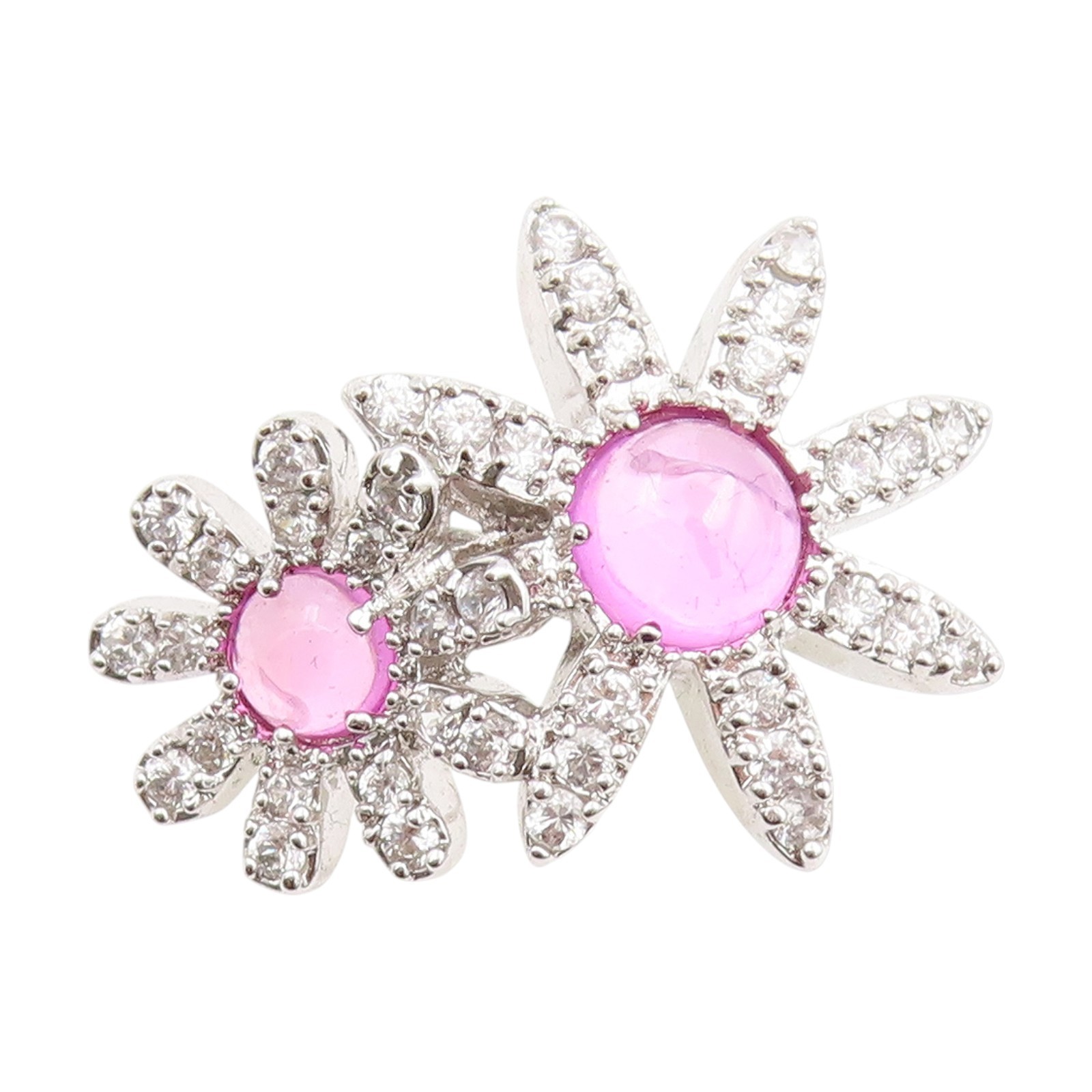 925 Sterling Silver Vintage Ring Pink Gemstone & CZ Floral Petals  Sz 7  RG33924