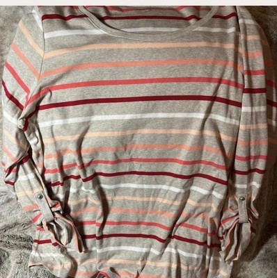 NWT Croft & Barrow Plus Size 3X Tan Coral Striped Roll Tab Sleeve Top