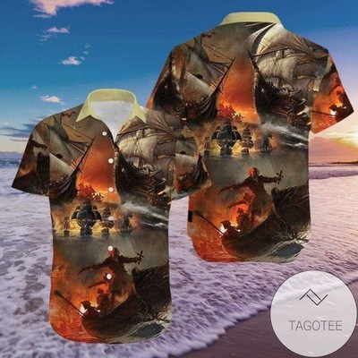 Swashbuckling Pirate Ship Battles On Hawaiian Shirt Seas