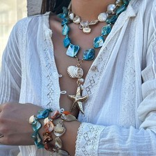 Shell  Starfish Pendant on Clavicle Chain with Tassel Accent