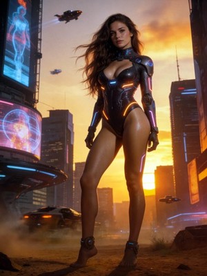 Cyberpunk Woman Girl Summer Dawn Flying Cars Future City Poster Art 18 x 24 in