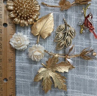 Vtg Gold Tone Brooch Pin Lot 9pc Floral Leaf Sunflower Rose Cardinal Nature MCM.
