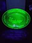 Vtg Federal Sharon Cabbage Rose Uranium/Vaseline Glass Oval Platter 12.5” 1930’s