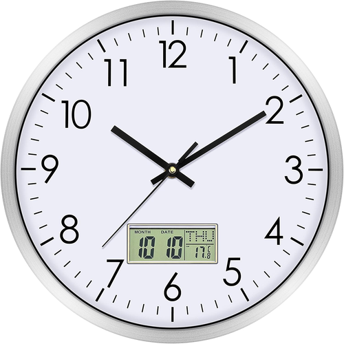 Digital Wall Clock with Date, Day, and Temperature - 12 Inch Non-Ticking Design