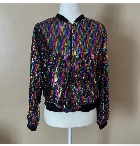 Medium Sequin Sparkle Party Long Sleeve Zipper Bomber Jacket. - Picture 2 of 10