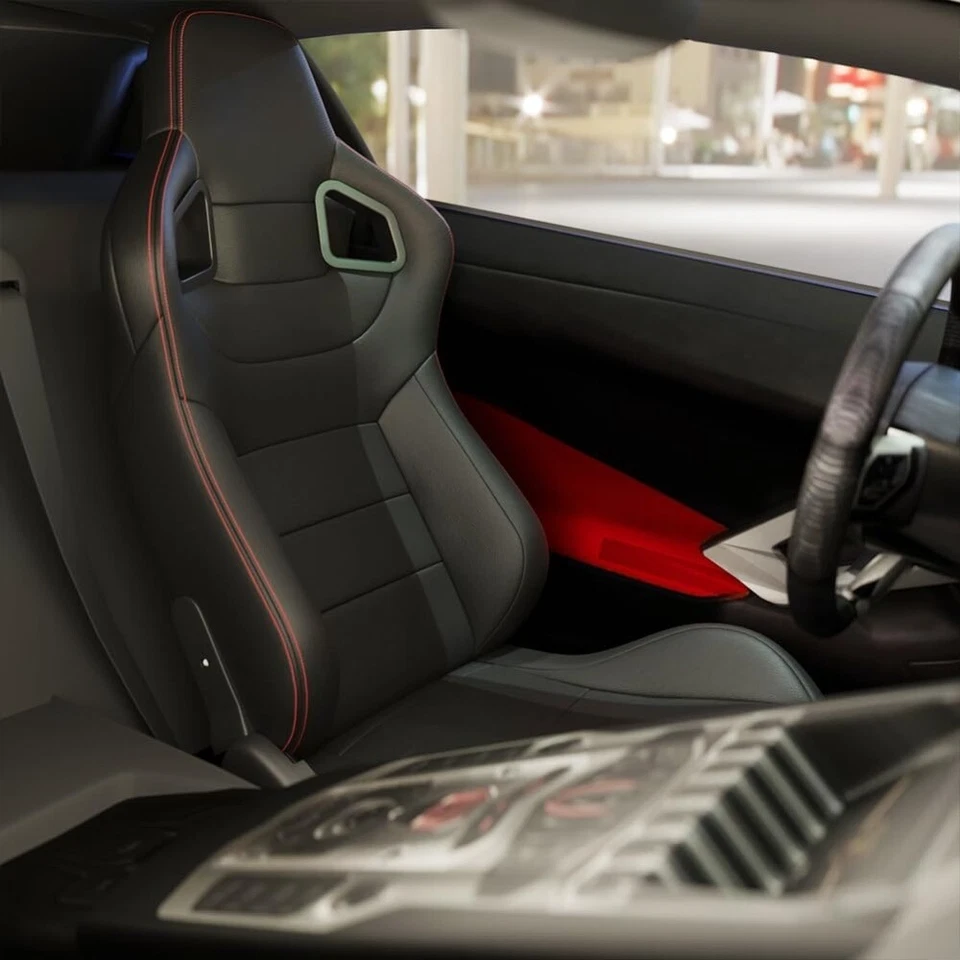 Pair Universal Racing Bucket Seats Red Stitch PVC Leather& Dual Adjustor Sliders Foto 3 de 4