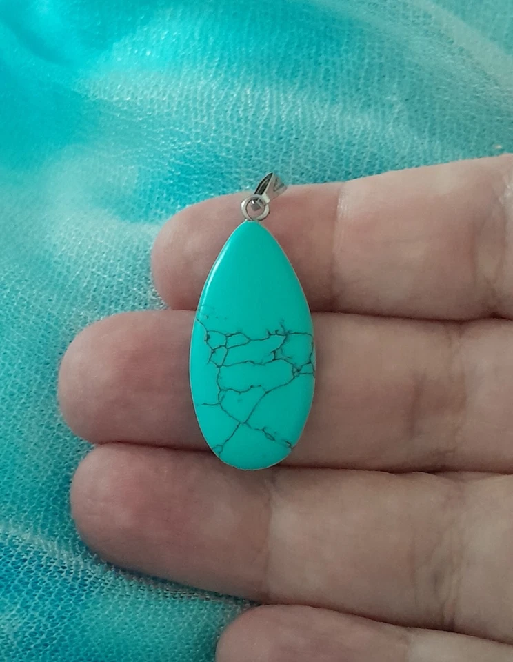 COLLANA DONNA UOMO CON PENDENTE CIONDOLO GOCCIA DI TURCHESE NATURALE E ARGENTO - Immagine 2 di 4