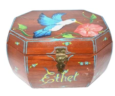 Antique Wood Sewing Thread Box Hand Painted  Hummingbird Hinged Made for ETHEL