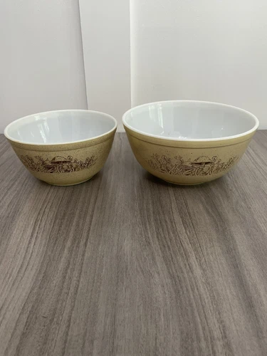Vintage Pyrex Mixing Bowls Set Of 2 Mushroom Design Rare HTF EUC