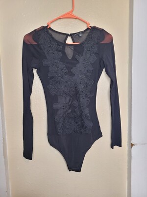 Haute Monde Bodysuit Small Dance Black Lace Sheer Long Sleeves Womens 