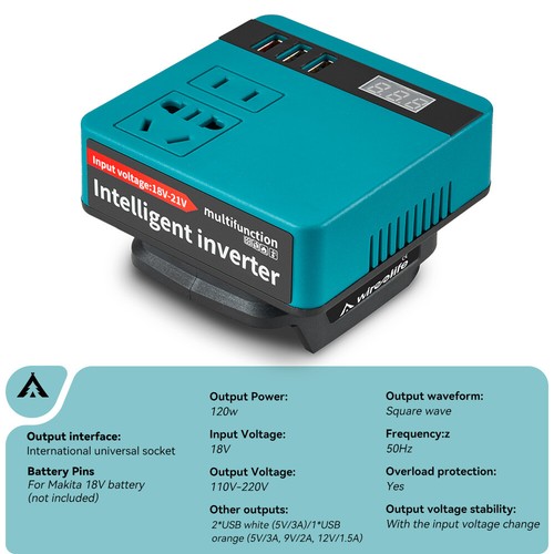 Inverter batteria DC 18V a AC 230V adattatore inverter 3USB per batteria Makita 18V - Foto 2 di 18