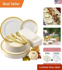 Heavyweight Elegant Disposable Dinnerware Set - Gold Fancy Plastic Dinnerware...