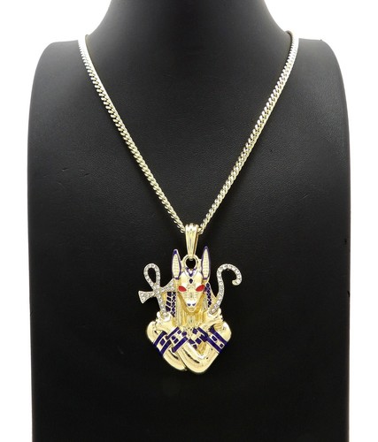Iced Gold PT Egyptian Anubis Pendant & Box Cuban Rope Chain Hip Hop Necklace - Picture 28 of 43