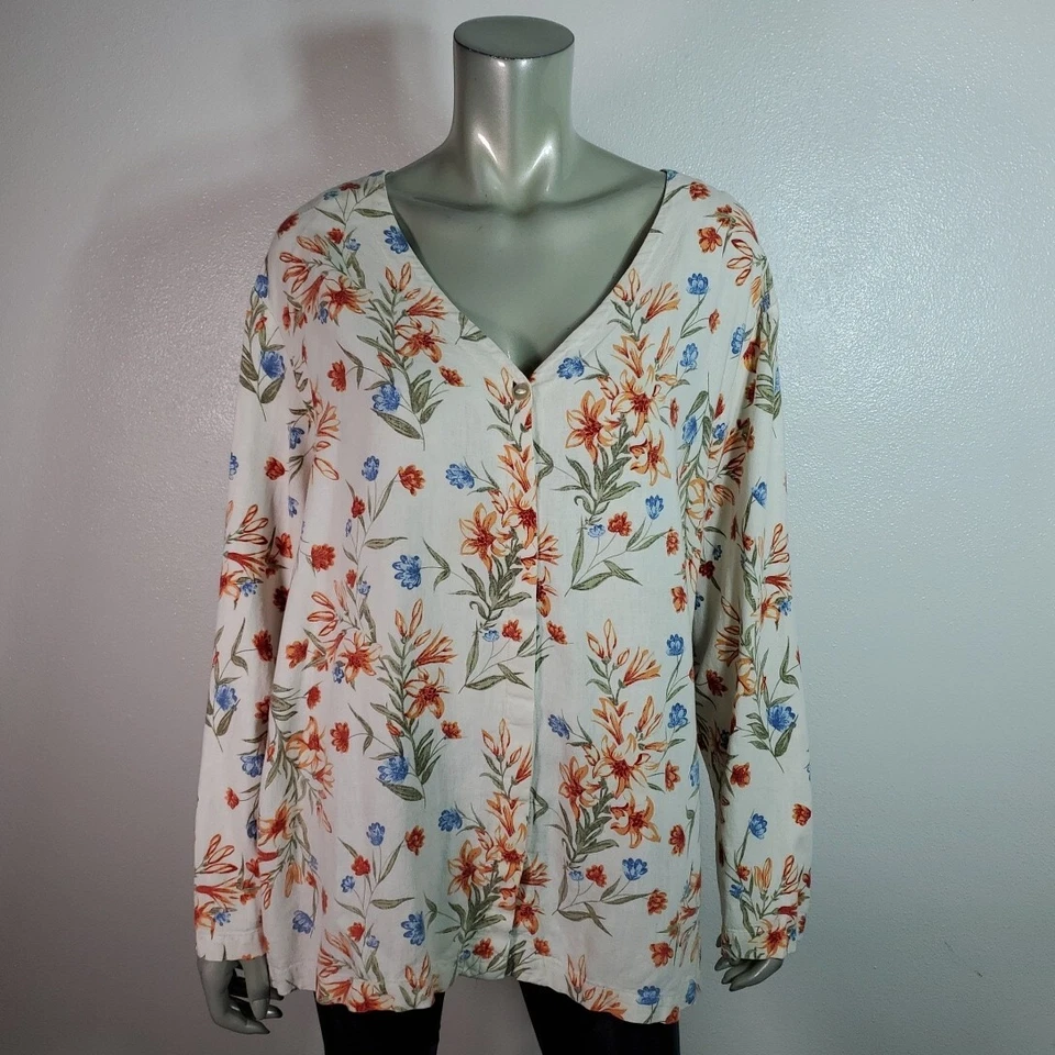 切诺基上衣大码 24 亚麻绑带腰花卉长袖 V 领多色 — 第 2/4 张图片