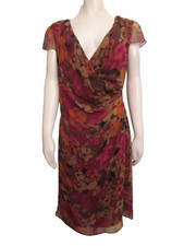 Talbots wrap pleated V-neck cap-sleeve lined pure silk multi color dress 12 NWT