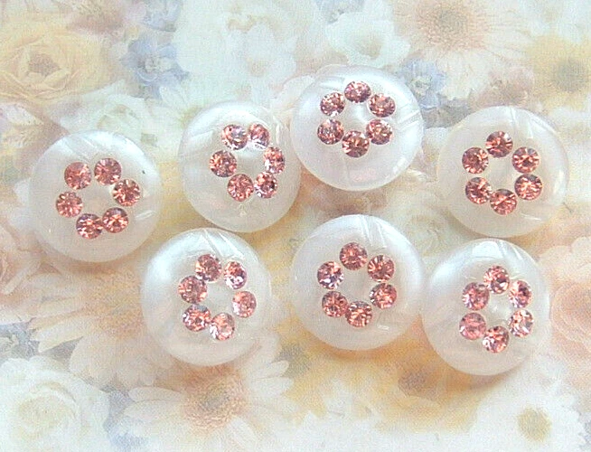 Set of 7 Vintage Small White Moonglow Glass Buttons w/Circle of Pink Rhinestones - Image 3 of 4