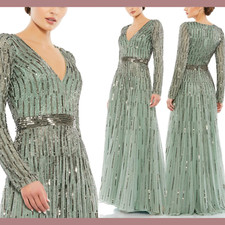NEW $598 Mac Duggal [ 16 ] Sequined Illusion Long Sleeve A-line Gown Sage #G1315