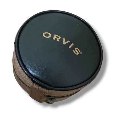 Orvis Fly Reel Case Padded Zippered Round Storage Pouch Canvas Green Leather