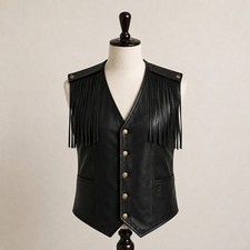 Men's Black Leather Fringe Western Biker Vest