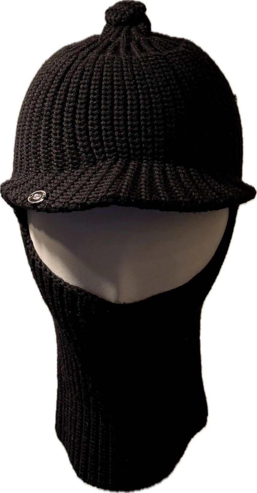 GUCCI Black Wool Knit Balaclava Ski Mask Hat w/ Visor Unisex Silver GG Logo Sz S