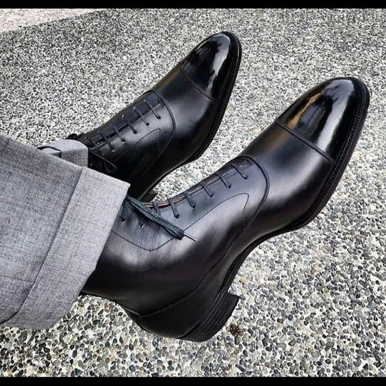 's Black Color Leather Oxford Toe-cap Lace Up High Ankle Boo