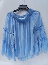 Women's Off The Shoulder Chiffon Blouse Swiss Dot 3/4 Bell Sleeves Casual SZ L