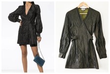 GANNI Size 34 XS Dark Metallic Green Belted Wrap Mini Dress