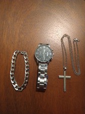 Men's 3Pc Fashion Stainless Shaarms Quartz Watch, Necklace, Bracelet Set