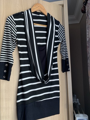 Ladies Jane Norman Cowl Neck Nautical Military Black And White Strip Top U.K. 10