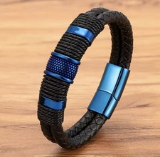 Men's black and blue braided leather stainless steel bracelet, magnetic clasp