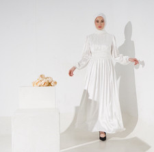 Women’s White Solid Maxi Dress S High Neck Puff Long Sleeve Smocked Waist