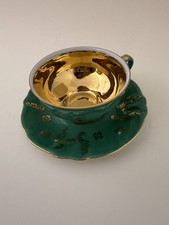 Schumann Bavaria Espresso Cup Saucer Green Gold Interior German Porcelain