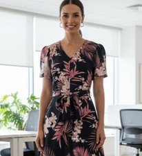 Jacqui E Linen Dress Size 10 Black Pink Floral Belt A-line Fit & Flare Work
