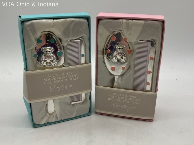 b.Boutique Evergreen Teddy Bear Silver-Tone Baby Grooming Set 4pc Lot Pink Blue