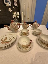JAPANESE CHINA LITHOPANE DRAGON GEISHA THEME TEA SET HAND PAINTED.