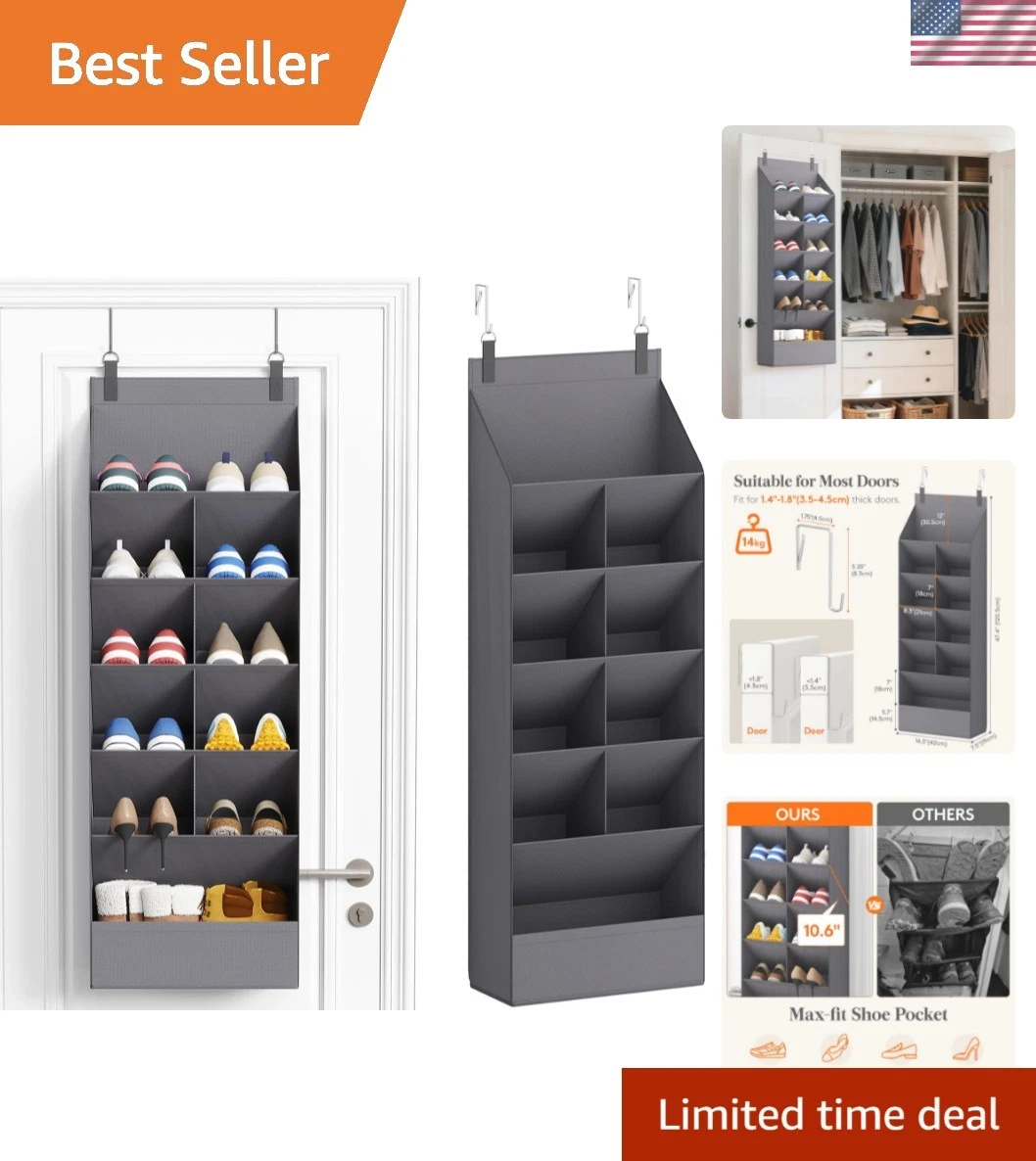 6 Tier Over the Door Shoe Organizer with 11 Large Deep Pockets, Fabric Hangin...