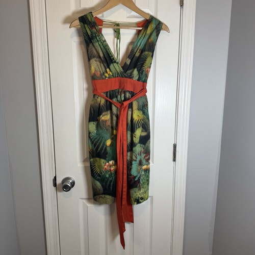 Women's Eva Franco Anthropologie Oroya Dress Printed Green Orange Size 4 - Afbeelding 1 van 10